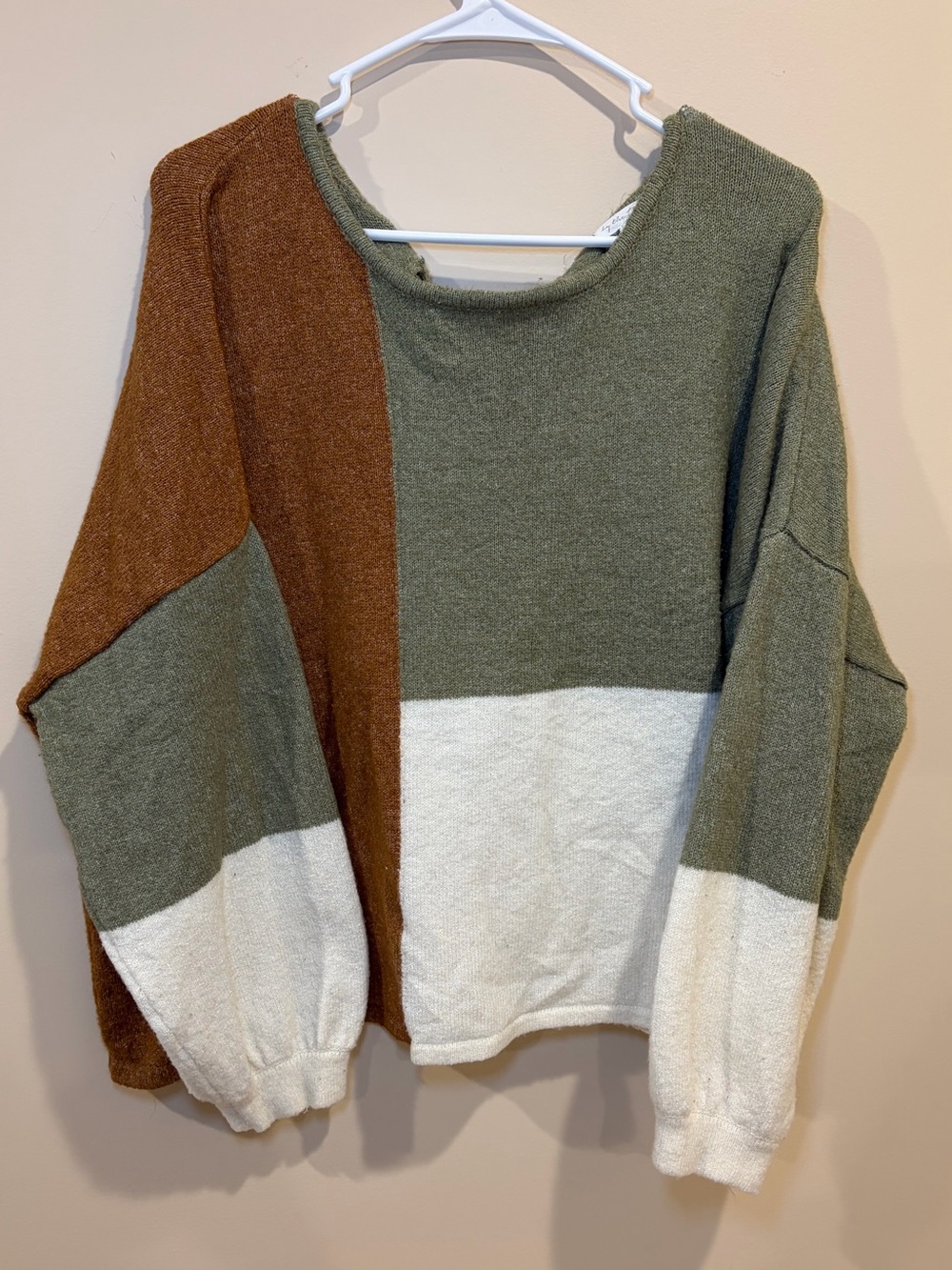 By the River Colorblock Tie-Back Knit Sweater, Olive Green Brown Cream. Size M/L